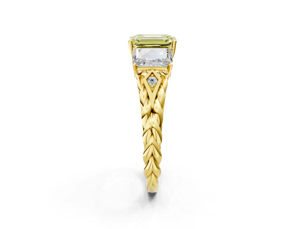 Yellow gold Three-Stone Fancy Yellow Radiant Cut Diamond Braided Band Ring with Four-Prong Setting