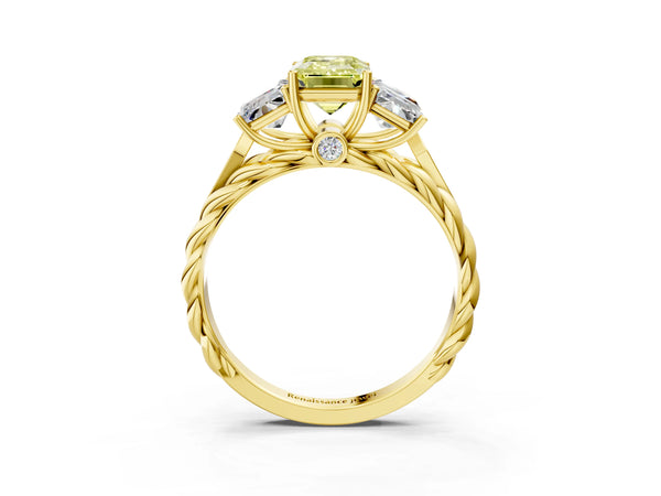 Yellow gold Three-Stone Fancy Yellow Radiant Cut Diamond Braided Band Ring with Four-Prong Setting