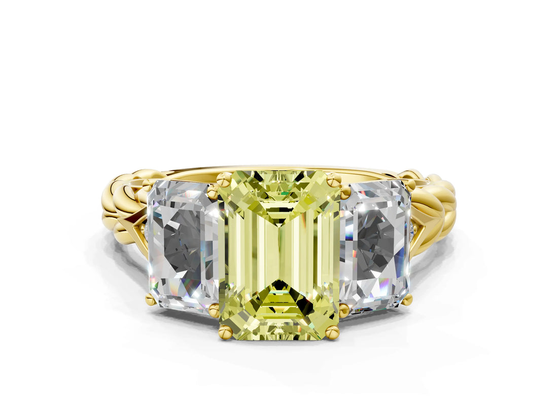 Yellow gold Three-Stone Fancy Yellow Radiant Cut Diamond Braided Band Ring with Four-Prong Setting_98