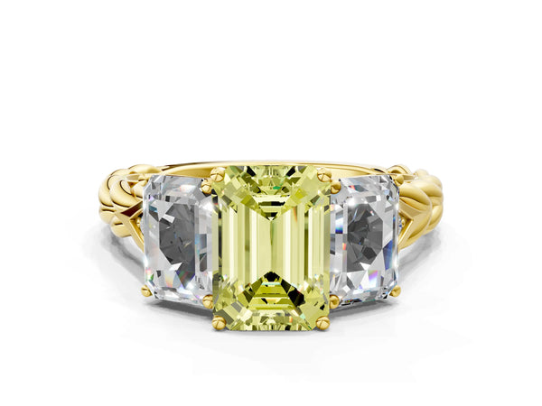 Yellow gold Three-Stone Fancy Yellow Radiant Cut Diamond Braided Band Ring with Four-Prong Setting