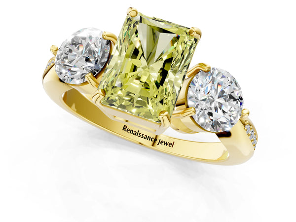 Yellow gold Three-Stone Fancy Yellow Radiant Cut Diamond Channel Set Engagement Ring with Prong Setting