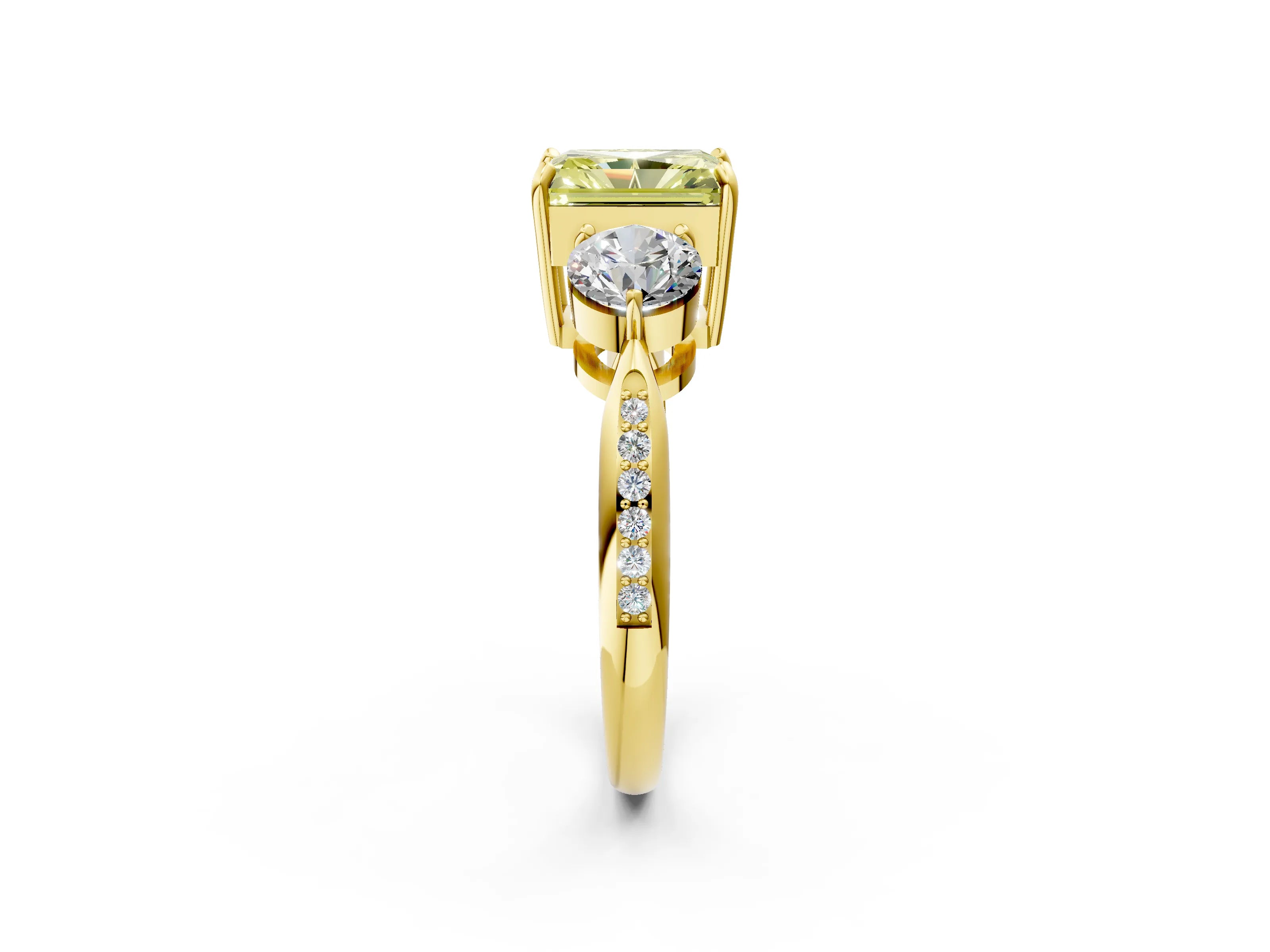 Yellow gold Three-Stone Fancy Yellow Radiant Cut Diamond Channel Set Engagement Ring with Prong Setting_2