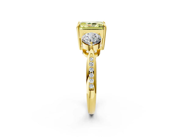 Yellow gold Three-Stone Fancy Yellow Radiant Cut Diamond Channel Set Engagement Ring with Prong Setting