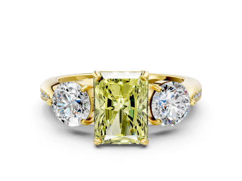 Yellow gold Three-Stone Fancy Yellow Radiant Cut Diamond Channel Set Engagement Ring with Prong Setting
