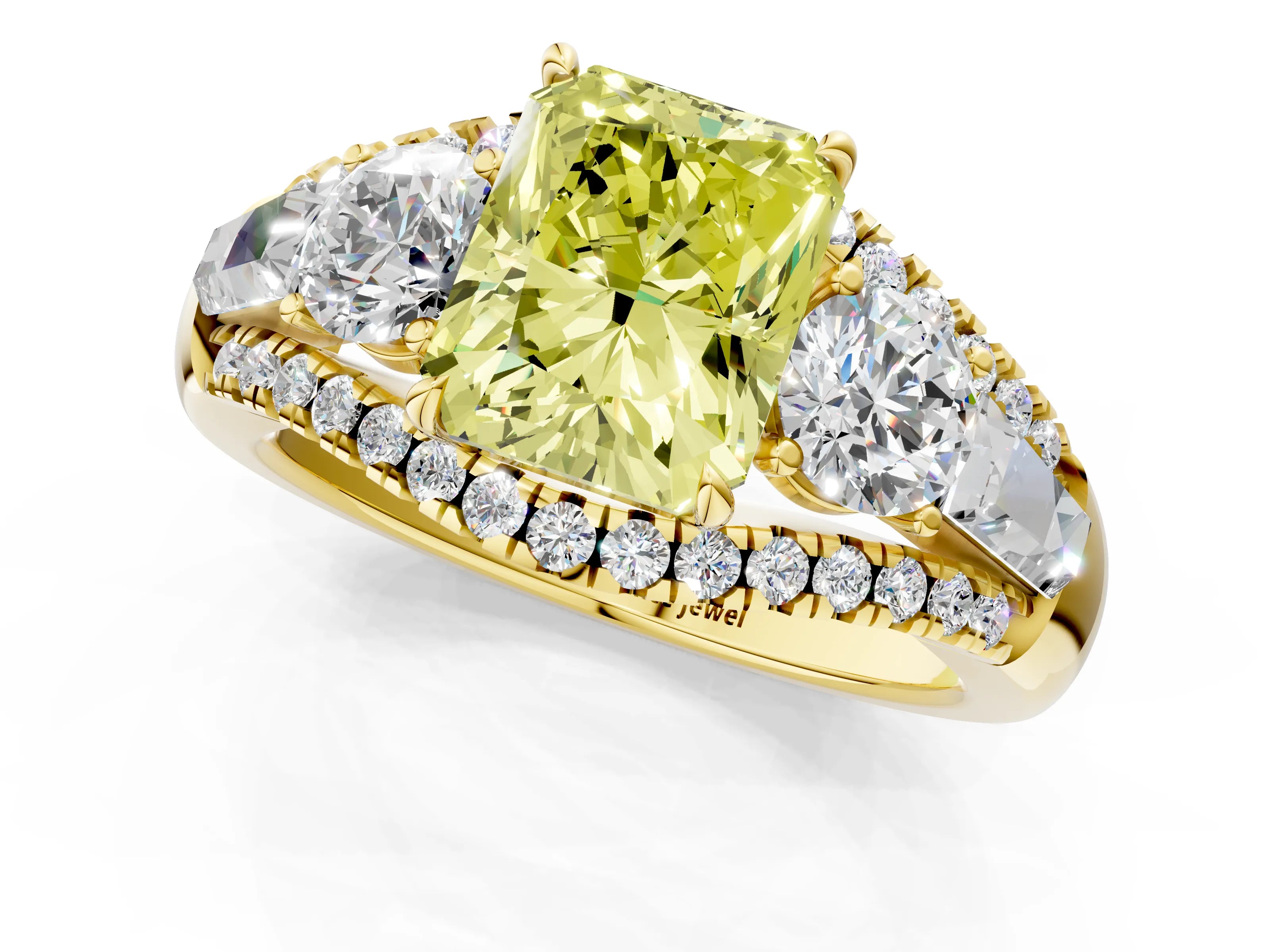 Yellow gold Three-Stone Fancy Yellow Radiant Cut Diamond Engagement Ring with Pave Band and Prong Setting_1