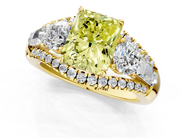 Yellow Gold Radiant Cut Five Stone Baguette Engagement Ring Setting for Fancy Yellow Center
