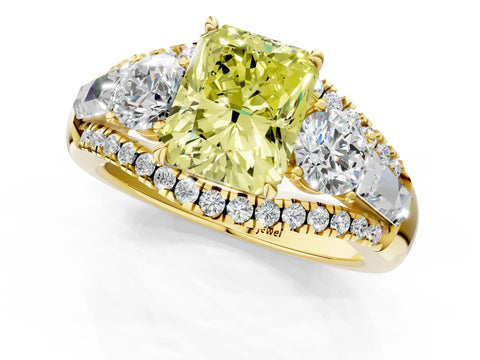 Yellow gold Three-Stone Fancy Yellow Radiant Cut Diamond Engagement Ring with Pave Band and Prong Setting_1