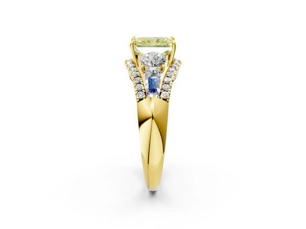 Yellow Gold Radiant Cut Five Stone Baguette Engagement Ring Setting for Fancy Yellow Center