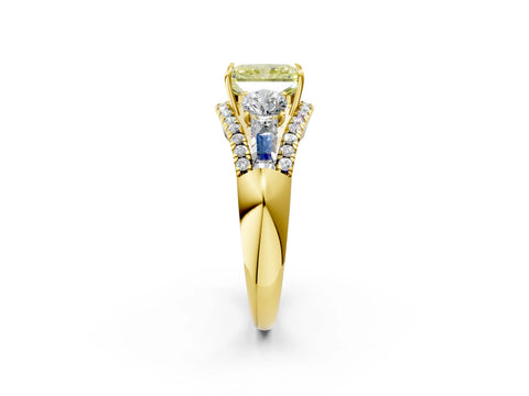 Yellow gold Three-Stone Fancy Yellow Radiant Cut Diamond Engagement Ring with Pave Band and Prong Setting_2