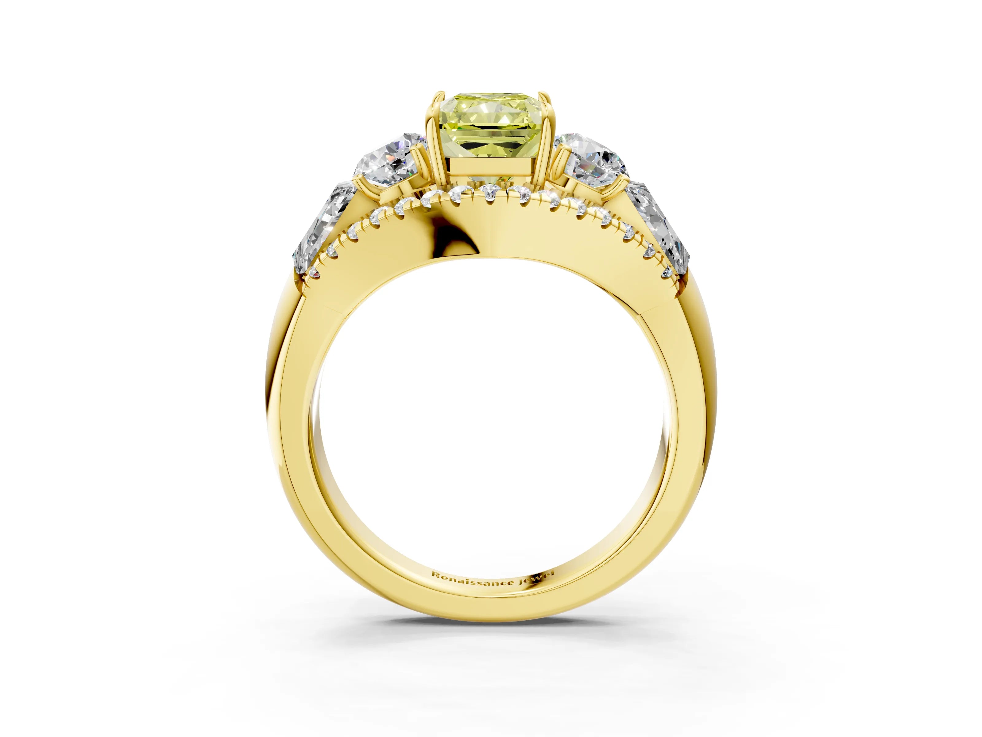 Yellow gold Three-Stone Fancy Yellow Radiant Cut Diamond Engagement Ring with Pave Band and Prong Setting_3
