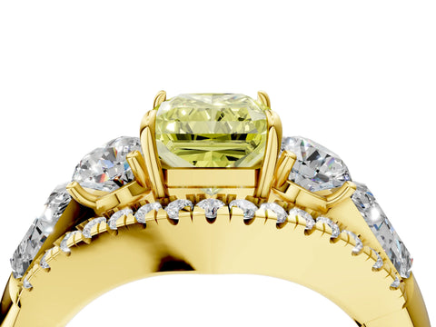 Yellow gold Three-Stone Fancy Yellow Radiant Cut Diamond Engagement Ring with Pave Band and Prong Setting_4