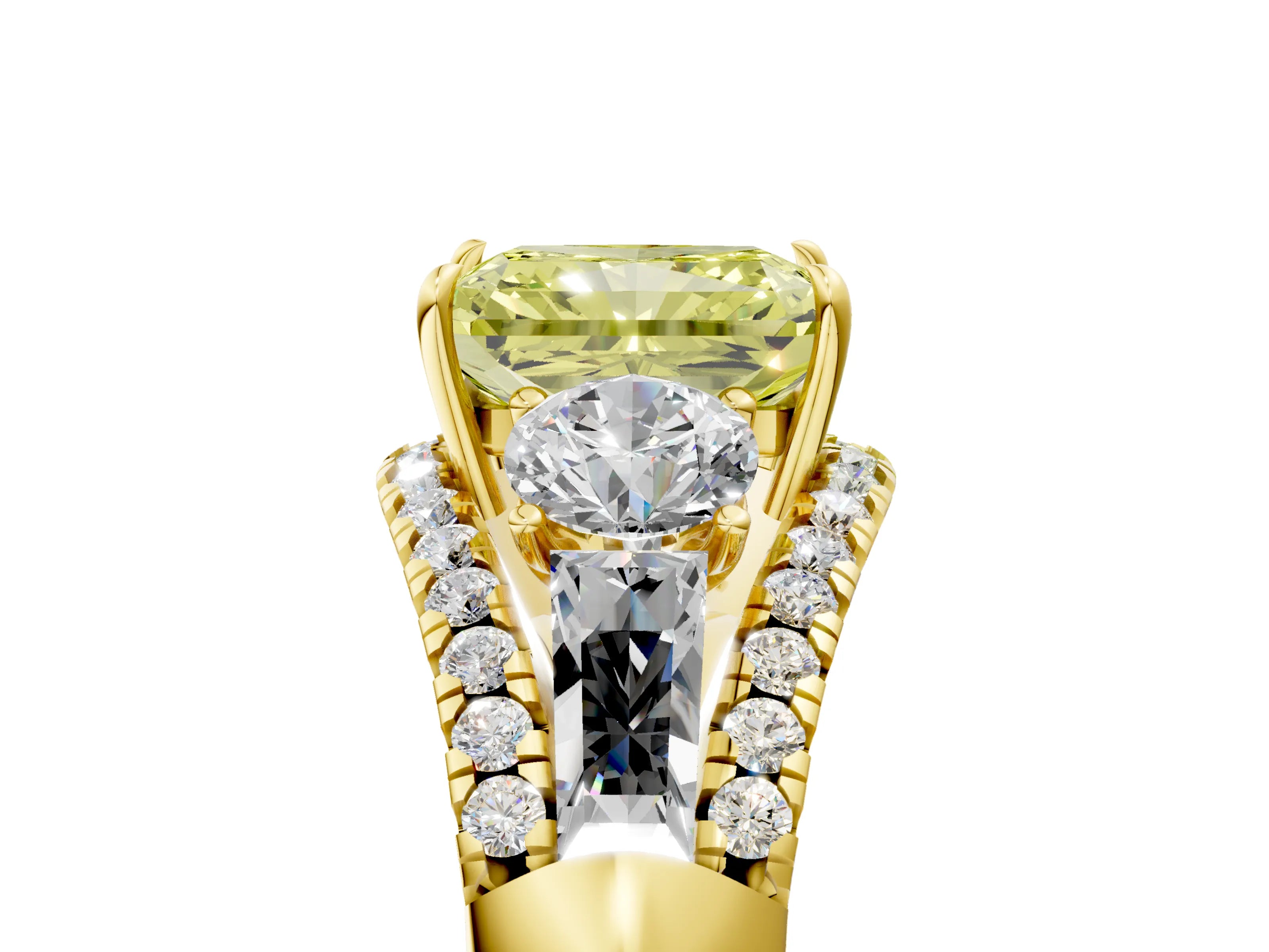 Yellow gold Three-Stone Fancy Yellow Radiant Cut Diamond Engagement Ring with Pave Band and Prong Setting_5
