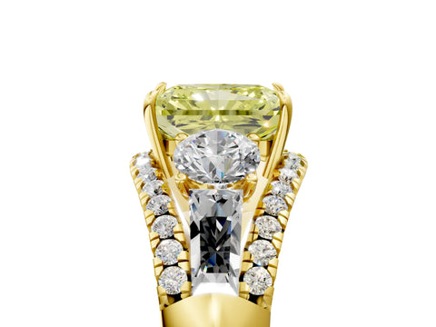 Yellow gold Three-Stone Fancy Yellow Radiant Cut Diamond Engagement Ring with Pave Band and Prong Setting_5