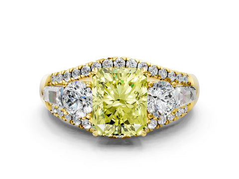 Yellow gold Three-Stone Fancy Yellow Radiant Cut Diamond Engagement Ring with Pave Band and Prong Setting