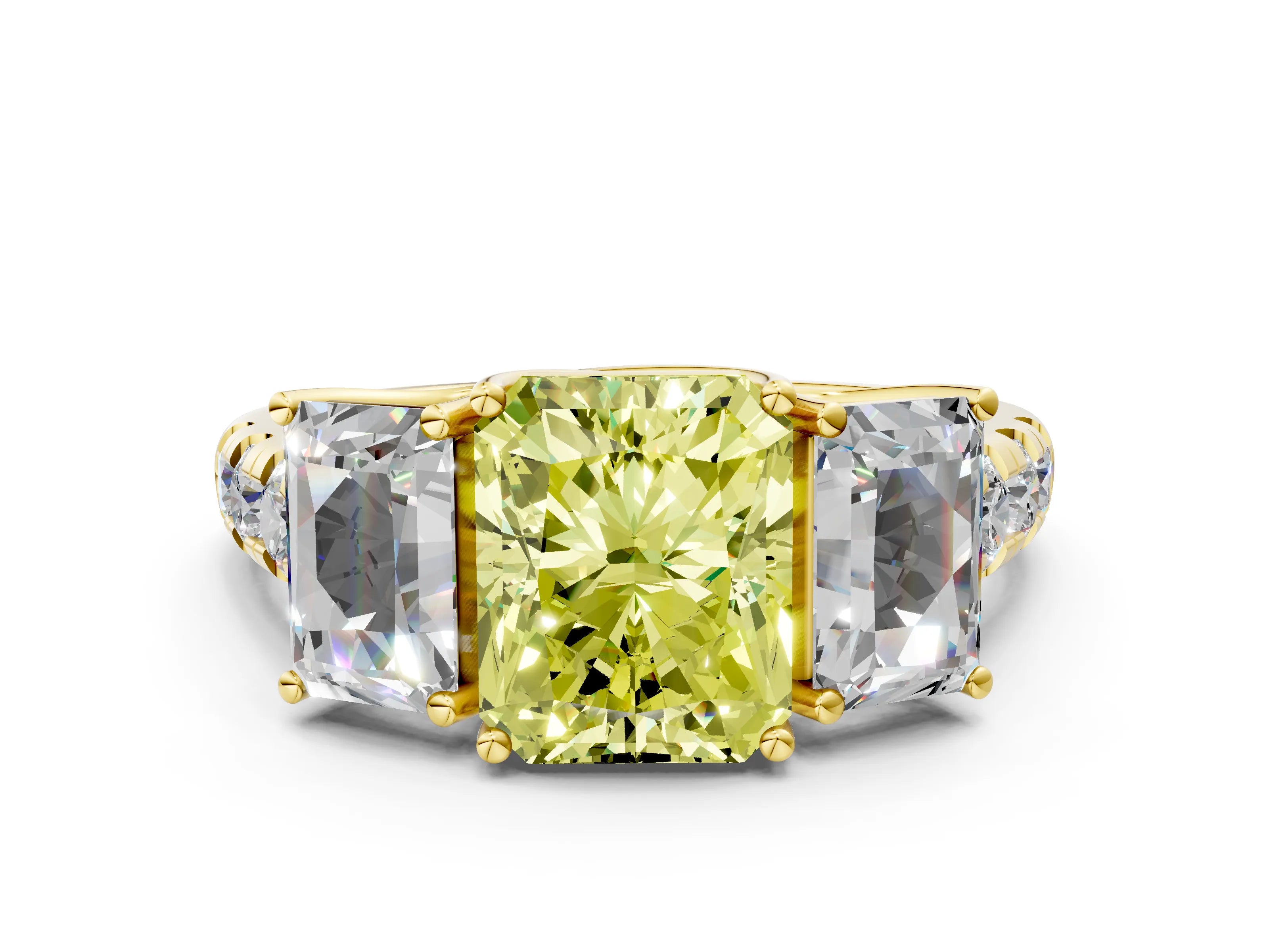 Yellow gold Three-Stone Fancy Yellow Radiant Cut Diamond Pavé Band with Prong Setting
