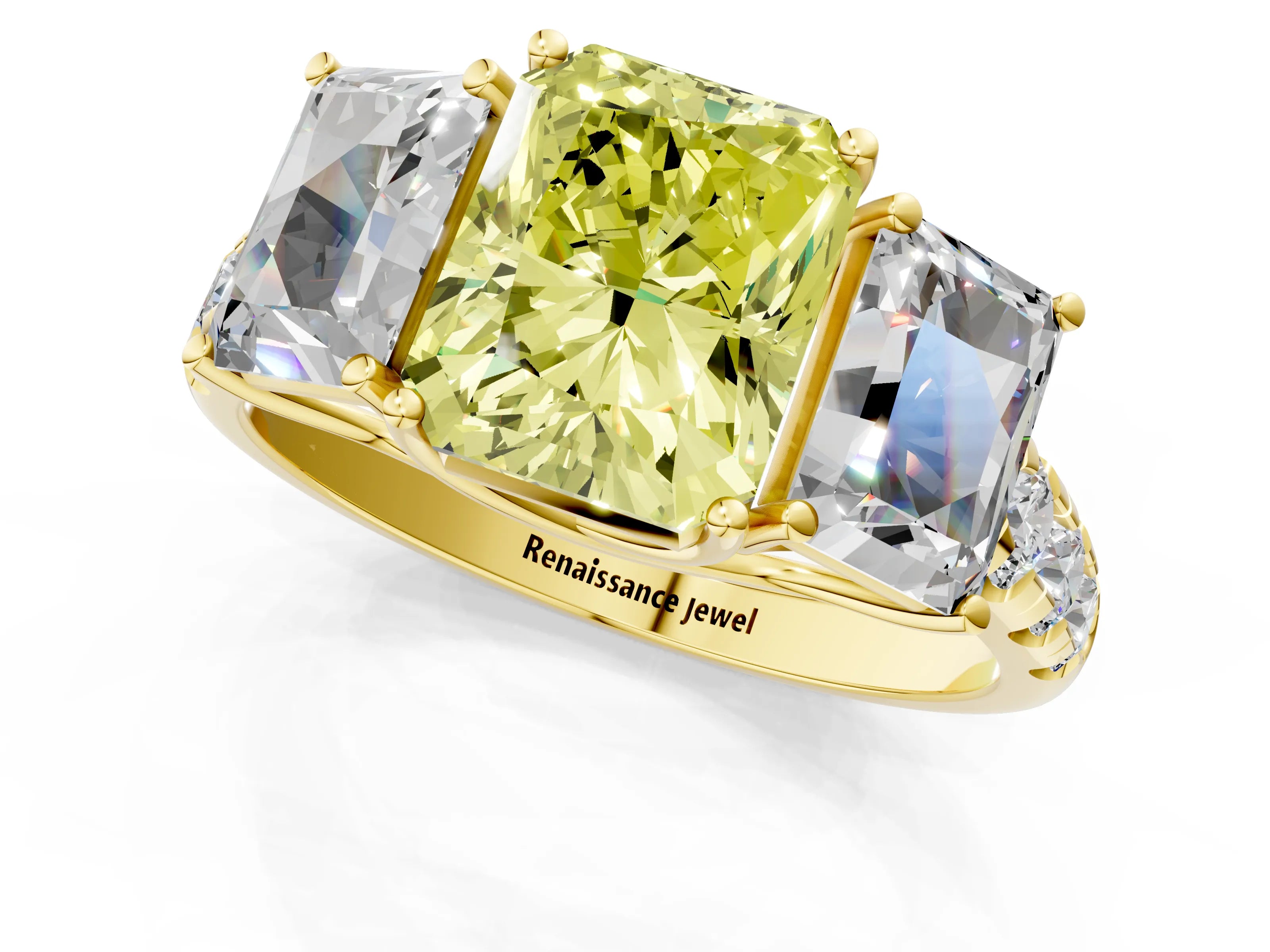 Yellow gold Three-Stone Fancy Yellow Radiant Cut Diamond Pavé Band with Prong Setting_1