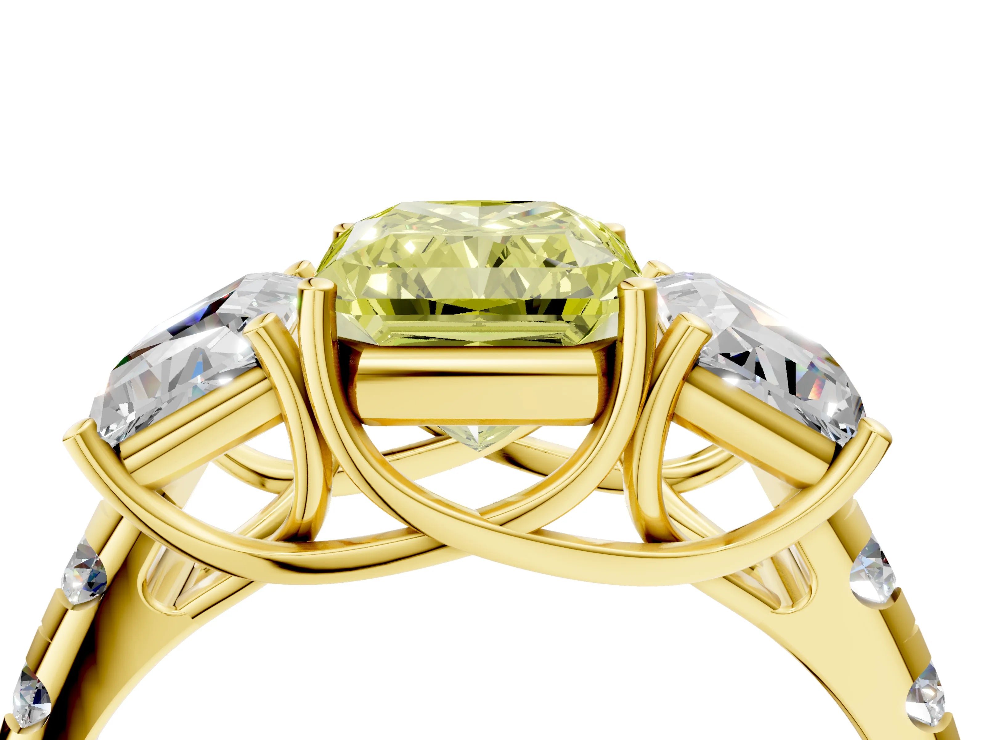 Yellow gold Three-Stone Fancy Yellow Radiant Cut Diamond Pavé Band with Prong Setting_4