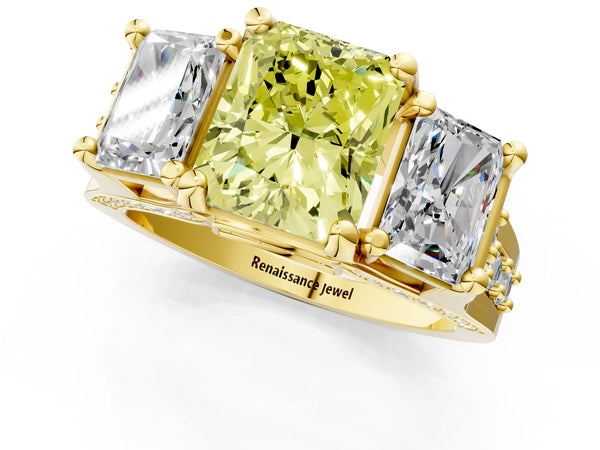 Yellow Gold Radiant Cut Three Stone Pave Engagement Ring Setting for Fancy Yellow Center with Near-Equal Side Stones