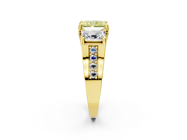 Yellow Gold Radiant Cut Three Stone Pave Engagement Ring Setting for Fancy Yellow Center with Near-Equal Side Stones