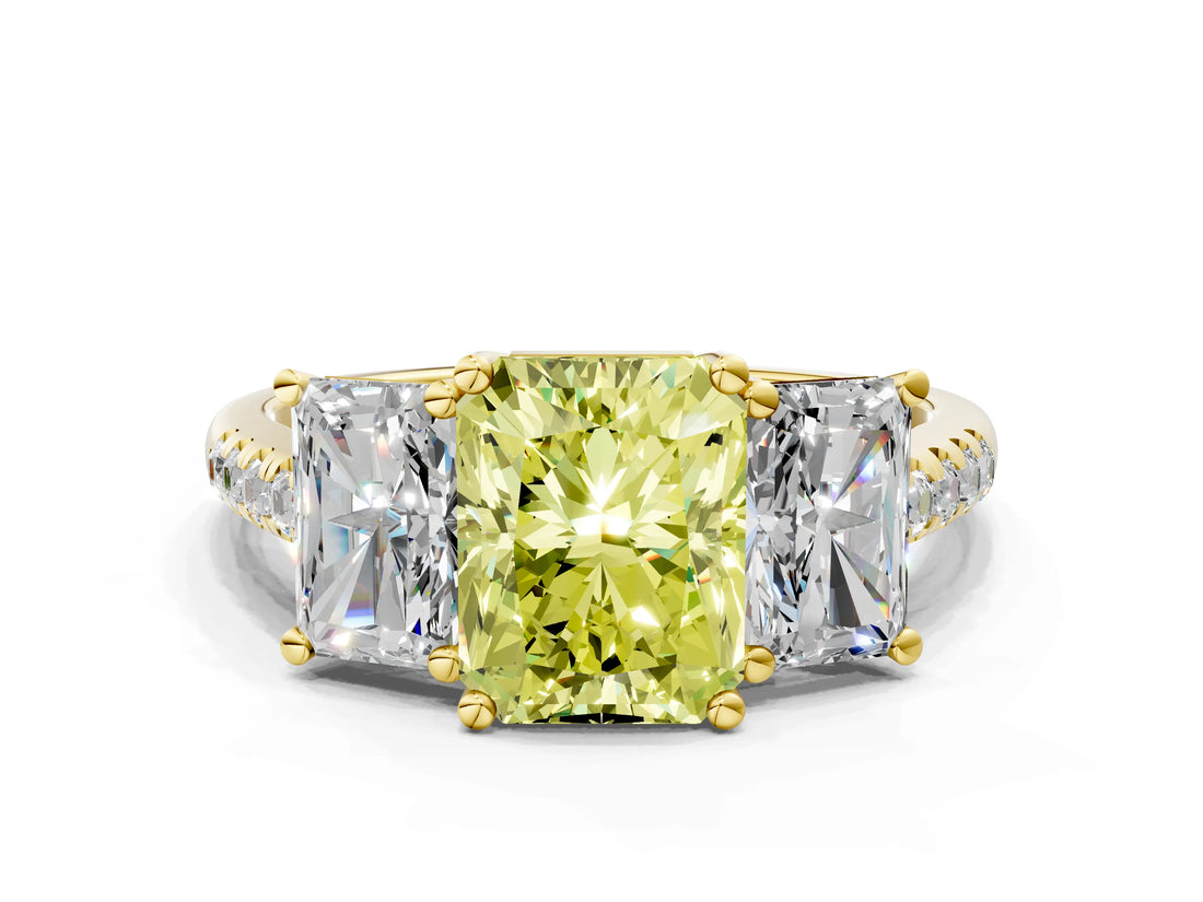 Yellow gold Three-Stone Fancy Yellow Radiant Cut Diamond Ring with Pavé Band and Prong Setting_107
