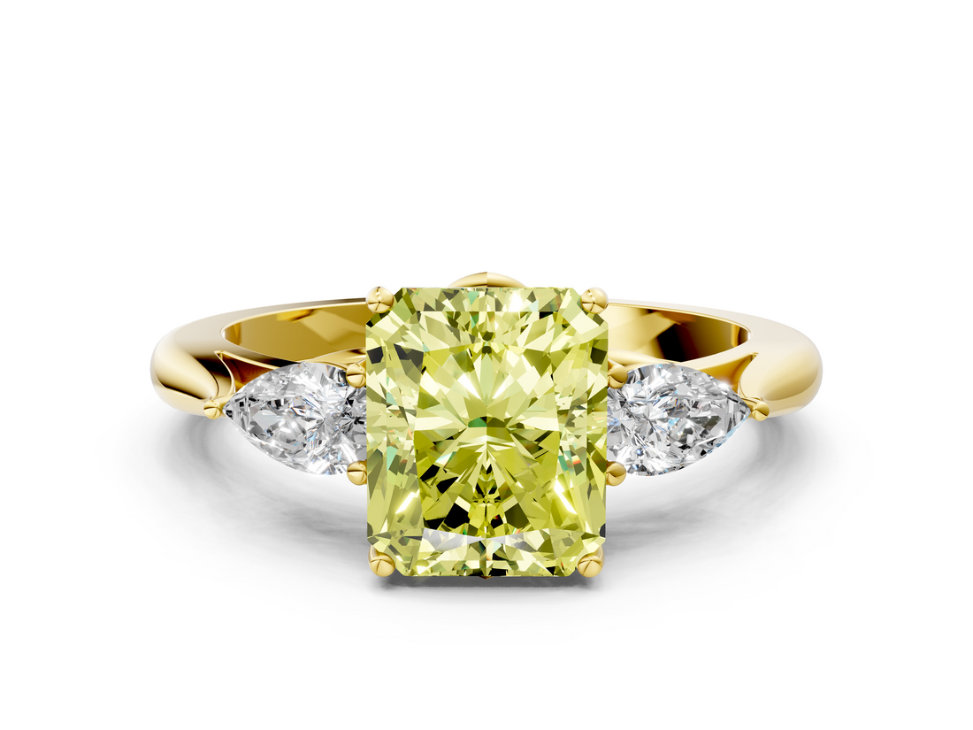 Yellow gold Three-Stone Fancy Yellow Radiant  Cut Diamond Ring with Pear Side Stones in Four-Prong Setting_109