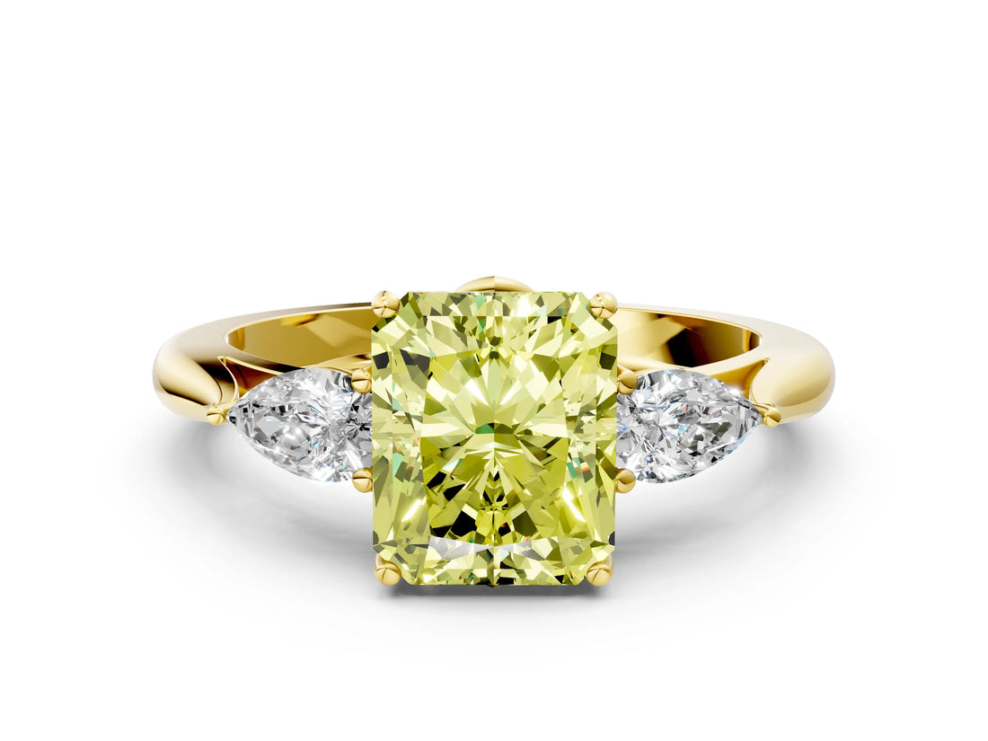 Yellow gold Three-Stone Fancy Yellow Radiant Cut Diamond Ring with Pear  Side Stones in Four-Prong Setting_48
