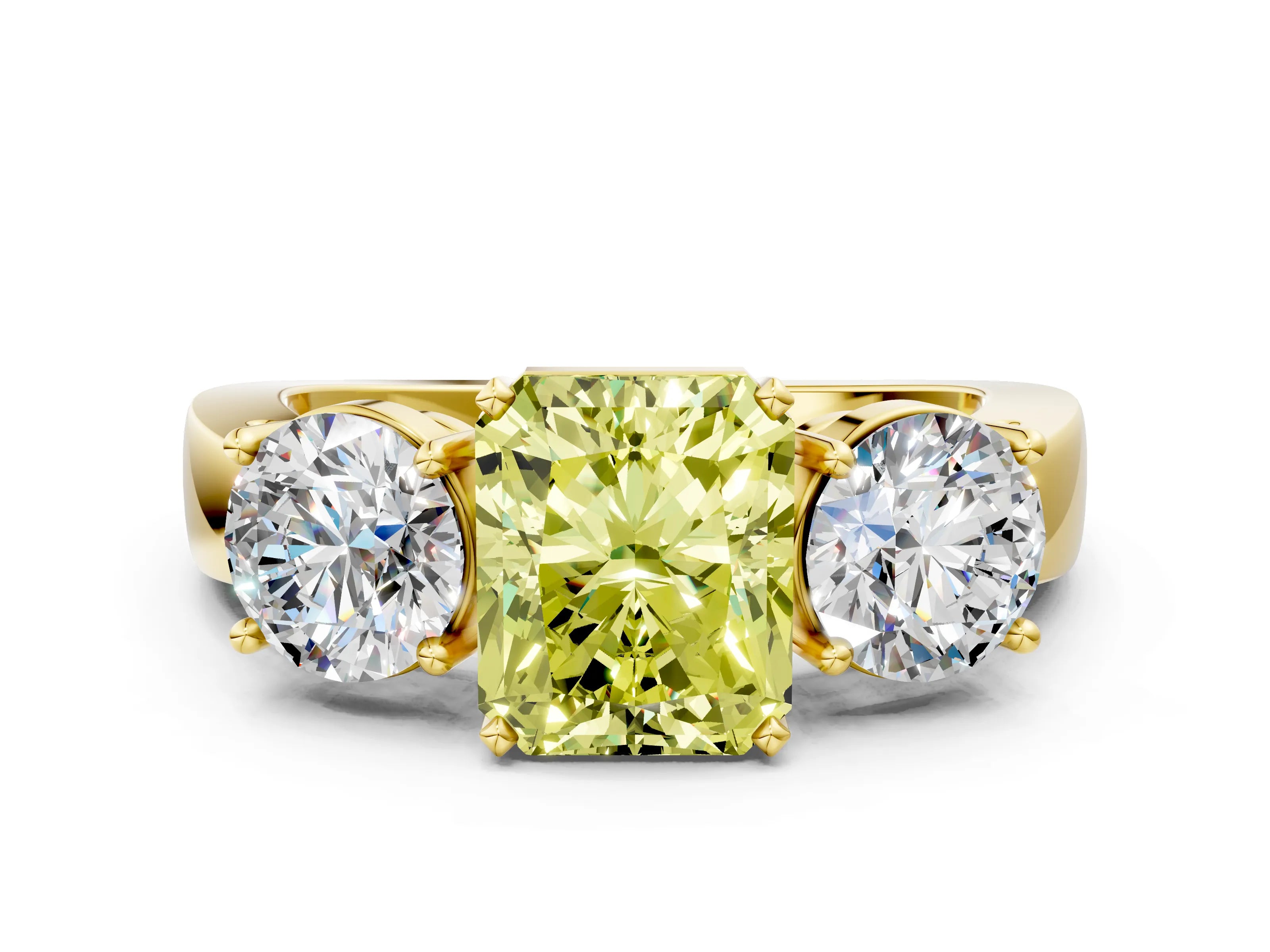 Yellow gold Three-Stone Fancy Yellow Radiant Cut Diamond Ring with Round Side Stones, Classic Band, and Four-Prong Setting