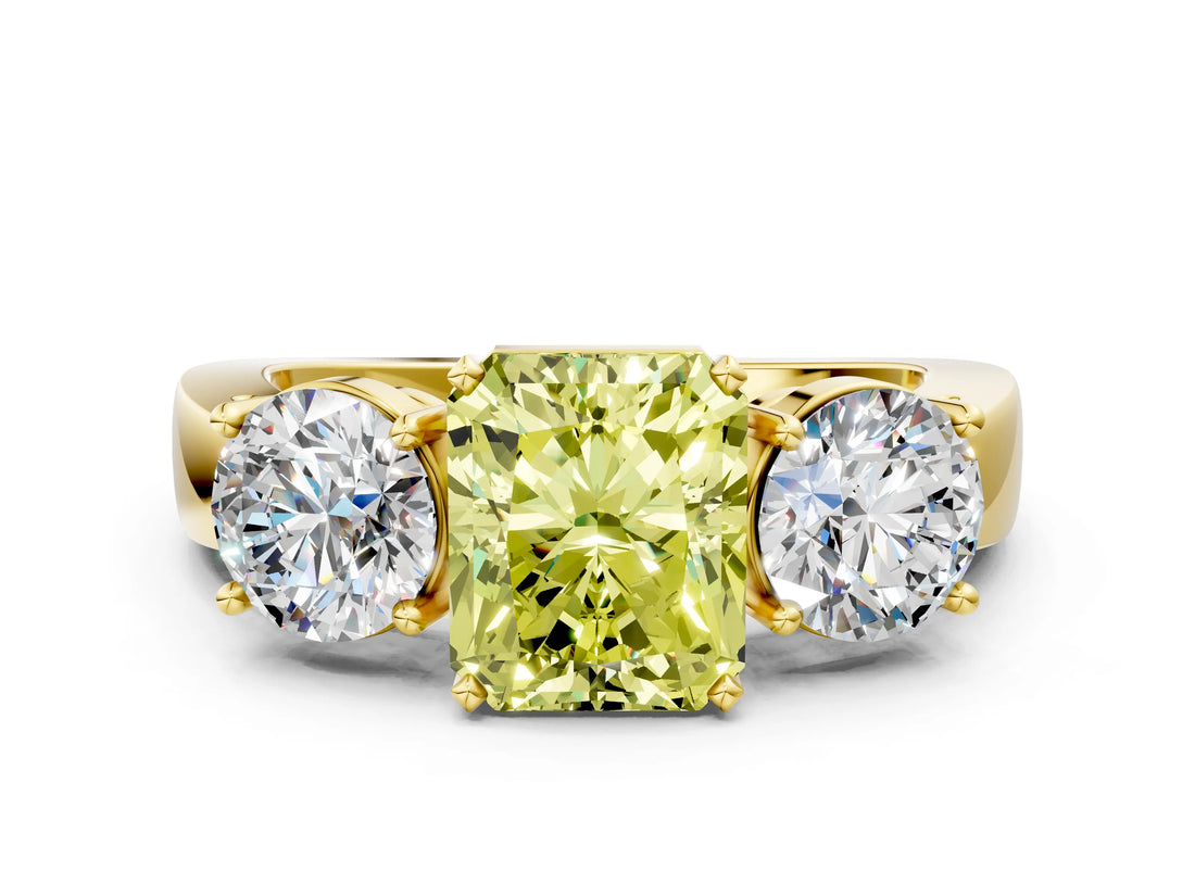 Yellow gold Three-Stone Fancy Yellow Radiant Cut Diamond Ring with Round Side Stones, Classic Band, and Four-Prong Setting