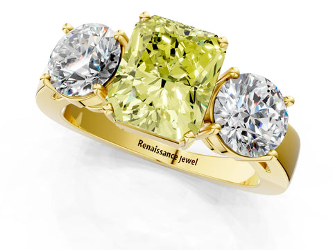 Yellow gold Three-Stone Fancy Yellow Radiant Cut Diamond Ring with Round Side Stones, Classic Band, and Four-Prong Setting_1