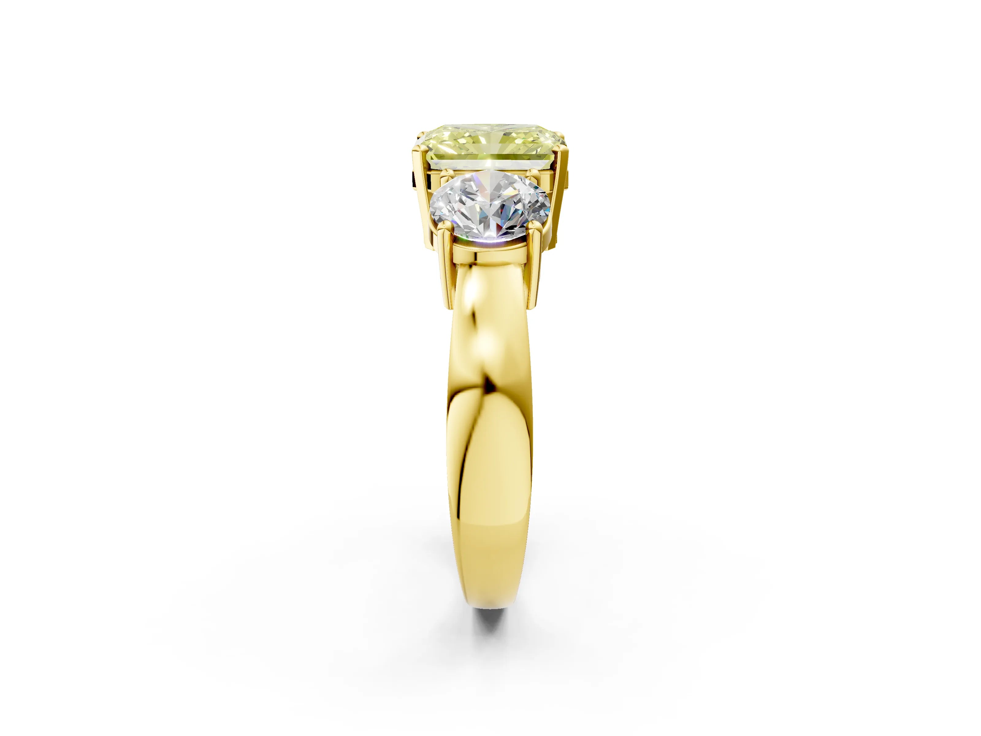Yellow gold Three-Stone Fancy Yellow Radiant Cut Diamond Ring with Round Side Stones, Classic Band, and Four-Prong Setting_2