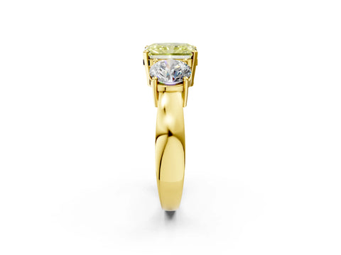 Yellow gold Three-Stone Fancy Yellow Radiant Cut Diamond Ring with Round Side Stones, Classic Band, and Four-Prong Setting_2