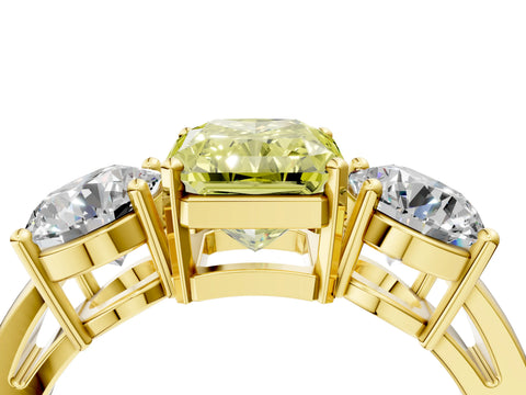Yellow gold Three-Stone Fancy Yellow Radiant Cut Diamond Ring with Round Side Stones, Classic Band, and Four-Prong Setting_4