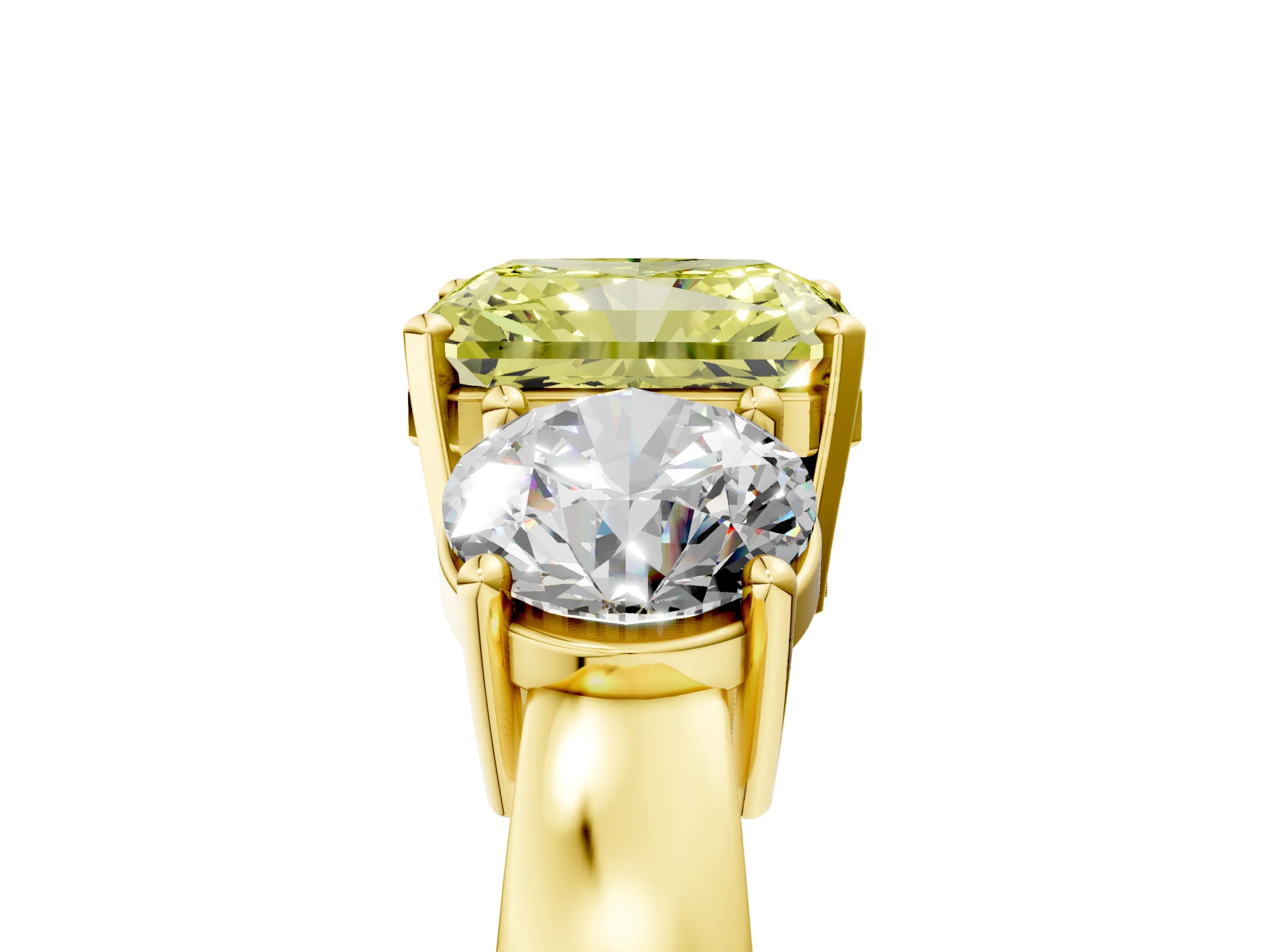 Yellow gold Three-Stone Fancy Yellow Radiant Cut Diamond Ring with Round Side Stones, Classic Band, and Four-Prong Setting_5