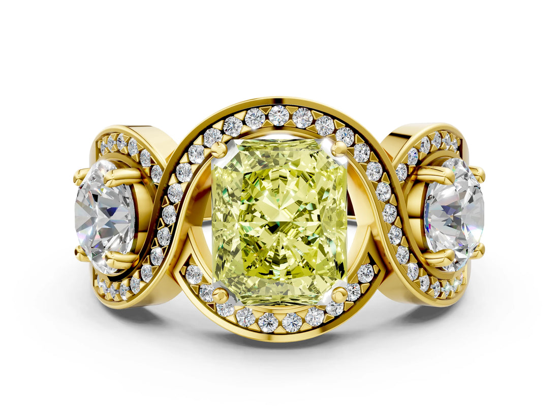 Yellow gold Three-Stone Fancy Yellow Radiant Cut Diamond Wave Pave Band with Prong Setting_6