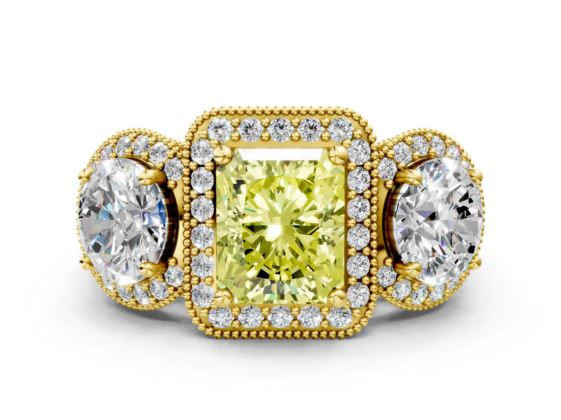 Yellow gold Three-Stone Fancy Yellow Radiant Cut Halo Diamond Milgrain Band with Four-Prong Setting