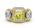 Yellow gold Three-Stone Fancy Yellow Radiant Cut Halo Diamond Milgrain Band with Four-Prong Setting