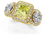 Yellow gold Three-Stone Fancy Yellow Radiant Cut Halo Diamond Milgrain Band with Four-Prong Setting_1