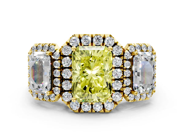 Yellow gold Three-Stone Fancy Yellow Radiant Cut Halo Diamond Ring with Pave Band and Four-Prong Setting