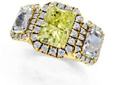 Yellow gold Three-Stone Fancy Yellow Radiant Cut Halo Diamond Ring with Pave Band and Four-Prong Setting_1