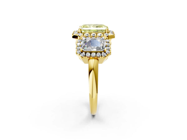 Yellow gold Three-Stone Fancy Yellow Radiant Cut Halo Diamond Ring with Pave Band and Four-Prong Setting