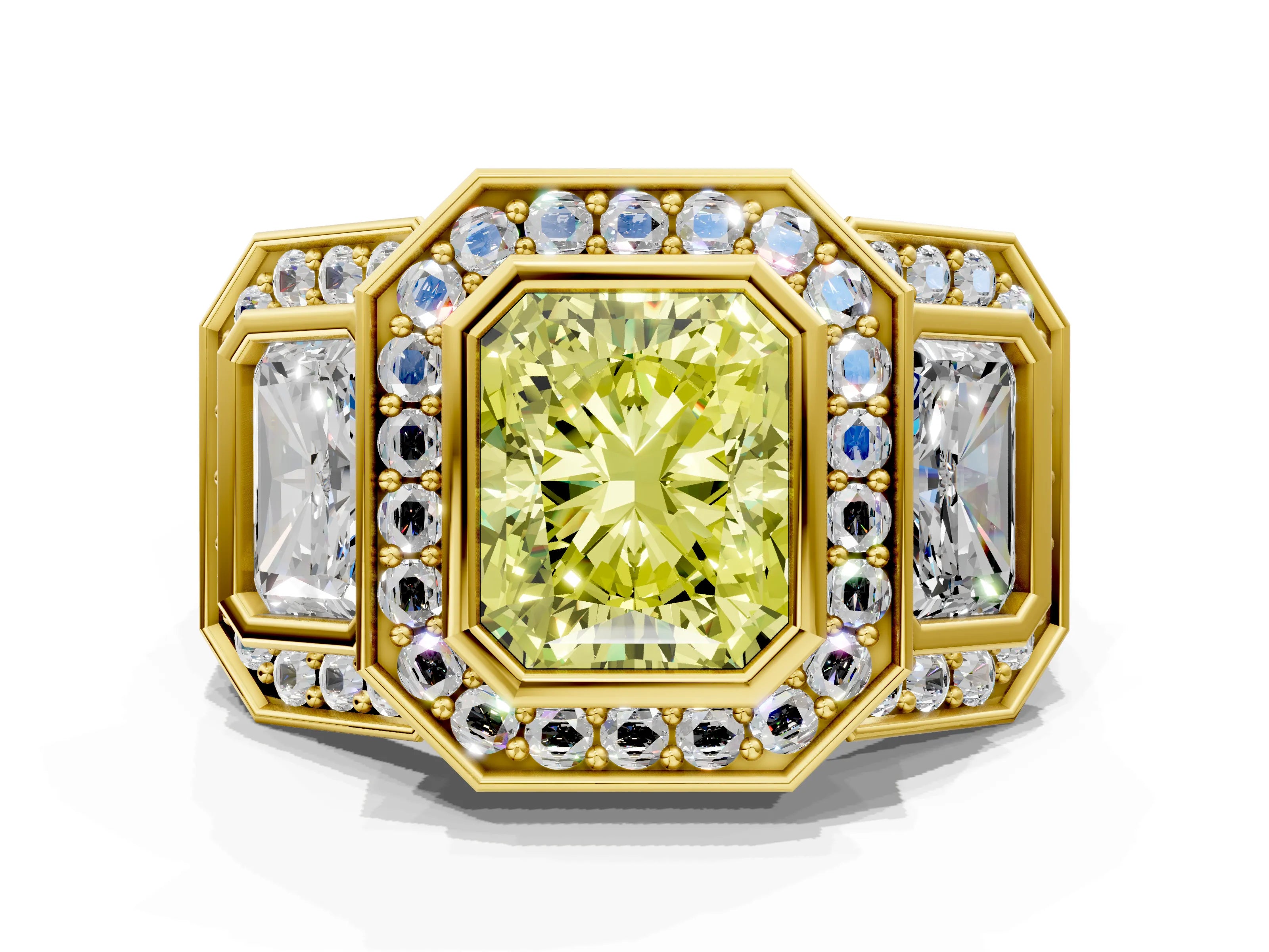 Yellow gold Three-Stone Fancy Yellow Radiant Cut Halo Pavé Diamond Ring