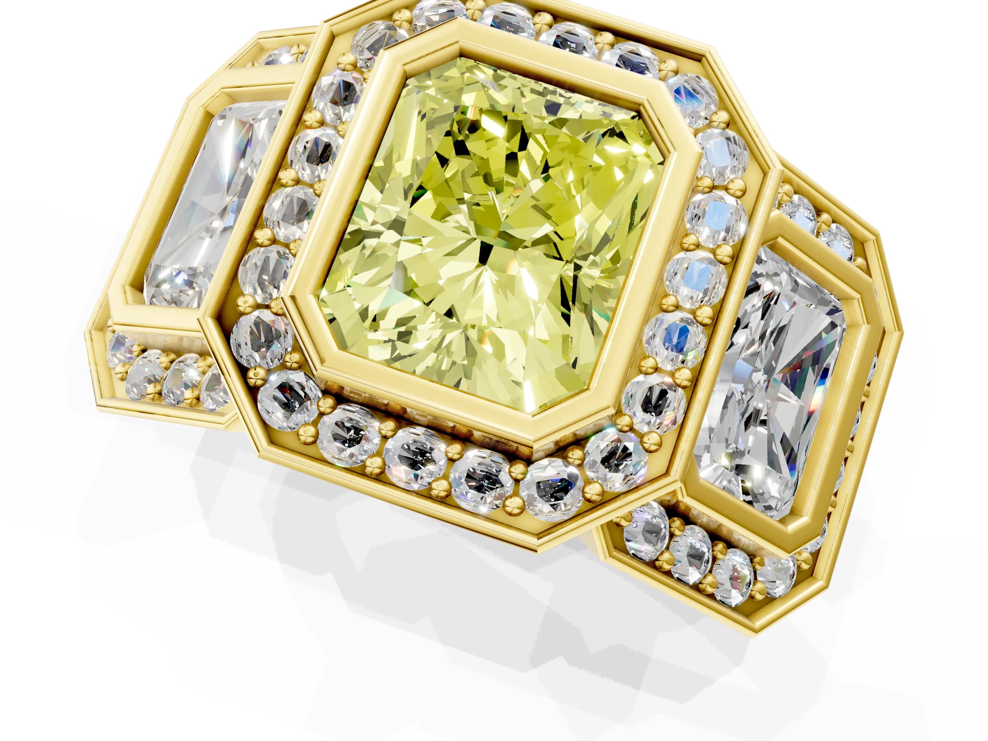 Yellow gold Three-Stone Fancy Yellow Radiant Cut Halo Pavé Diamond Ring_1