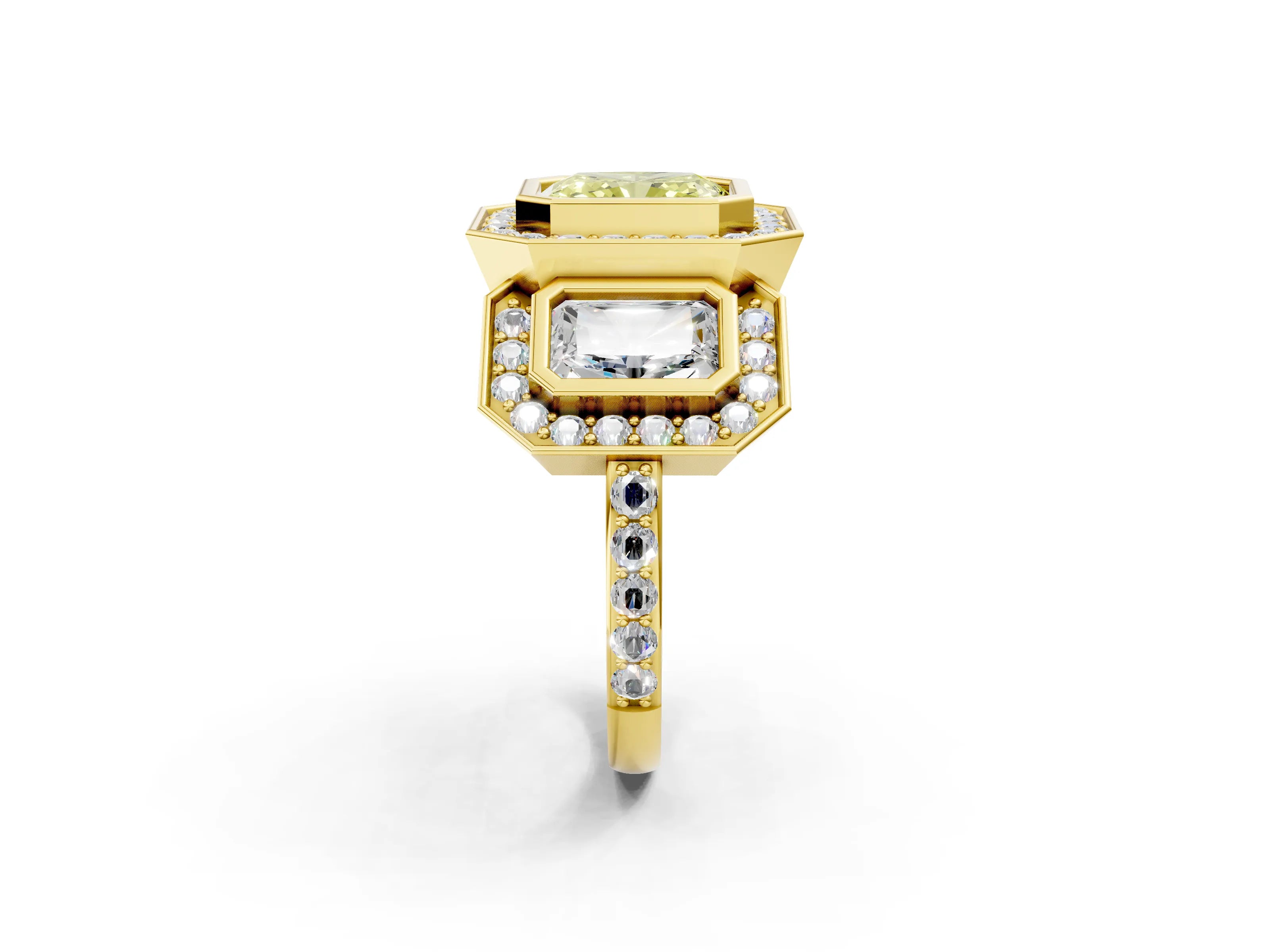 Yellow gold Three-Stone Fancy Yellow Radiant Cut Halo Pavé Diamond Ring_2