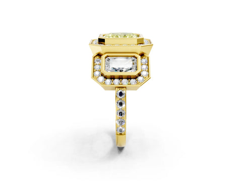 Yellow gold Three-Stone Fancy Yellow Radiant Cut Halo Pavé Diamond Ring_2