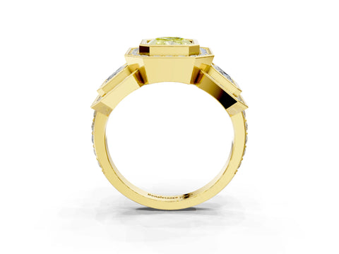 Yellow gold Three-Stone Fancy Yellow Radiant Cut Halo Pavé Diamond Ring_3