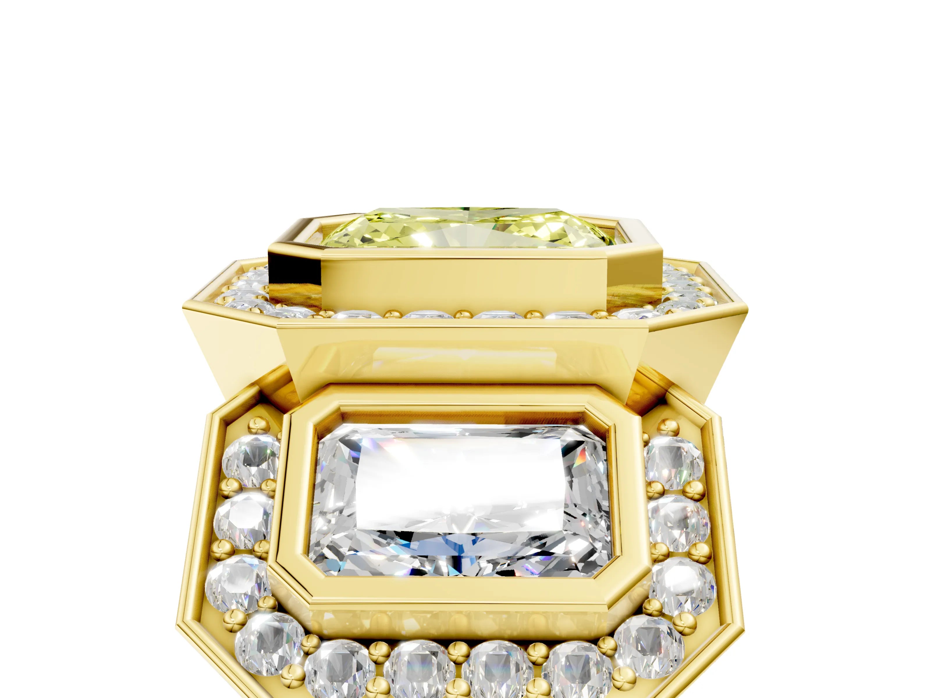 Yellow gold Three-Stone Fancy Yellow Radiant Cut Halo Pavé Diamond Ring_5