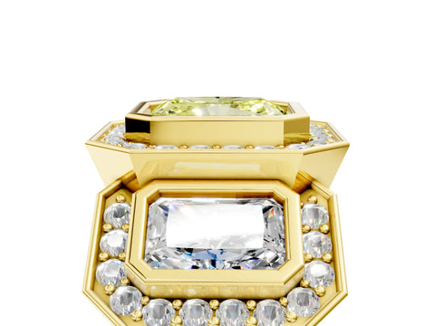 Yellow gold Three-Stone Fancy Yellow Radiant Cut Halo Pavé Diamond Ring_5