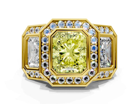 Yellow gold Three-Stone Fancy Yellow Radiant Cut Halo Pavé Diamond Ring