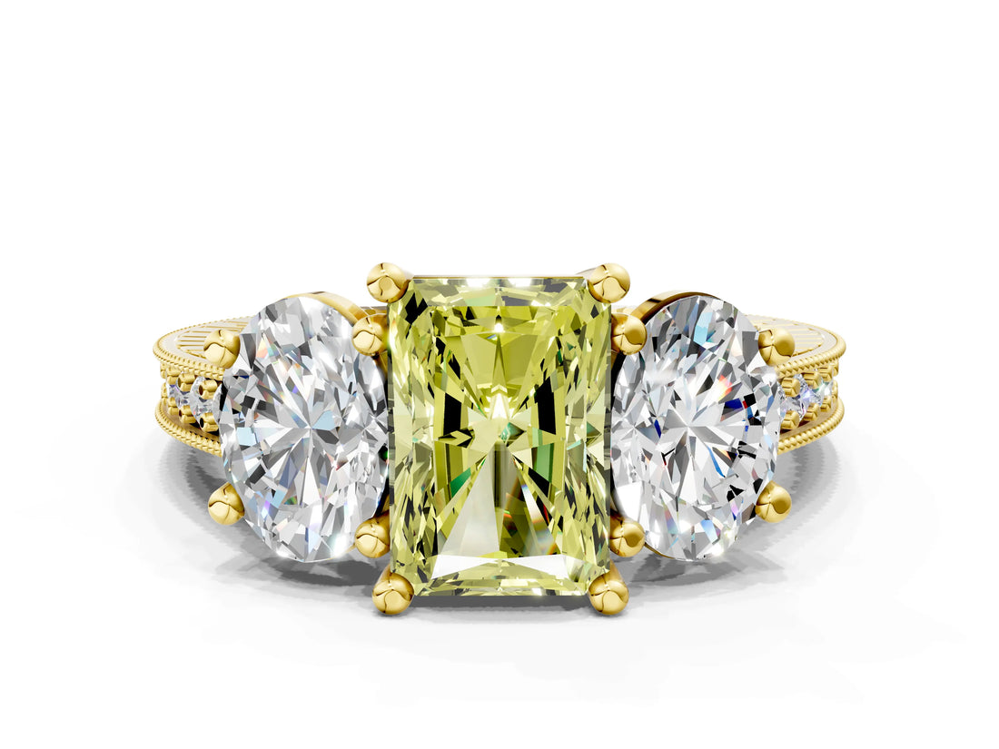 Yellow gold Three-Stone Fancy Yellow Radiant  Diamond Milgrain Pave Band with Prong Setting 1