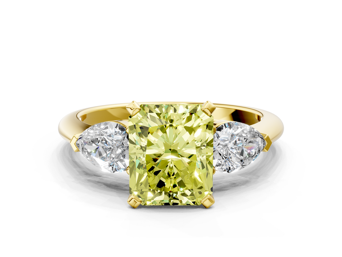 Yellow gold Three-Stone Fancy Yellow Radiant  Diamond Ring with Pear Side Stones in Four-Prong Setting_59